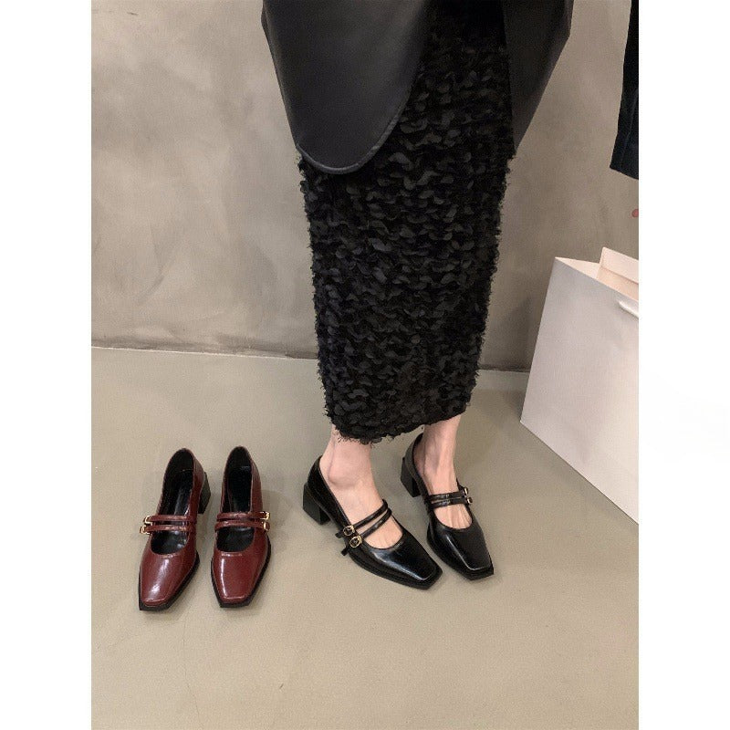 2025 High-heeled red Mary Jane small leather shoes women's shoes popular new autumn and winter retro temperament evening shoes