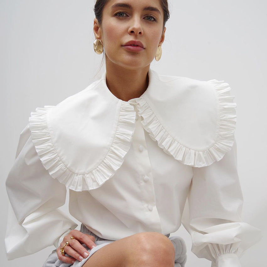 2025 popular temperament court style doll collar white cotton shirt women's autumn and winter fungus edge long-sleeved shirt