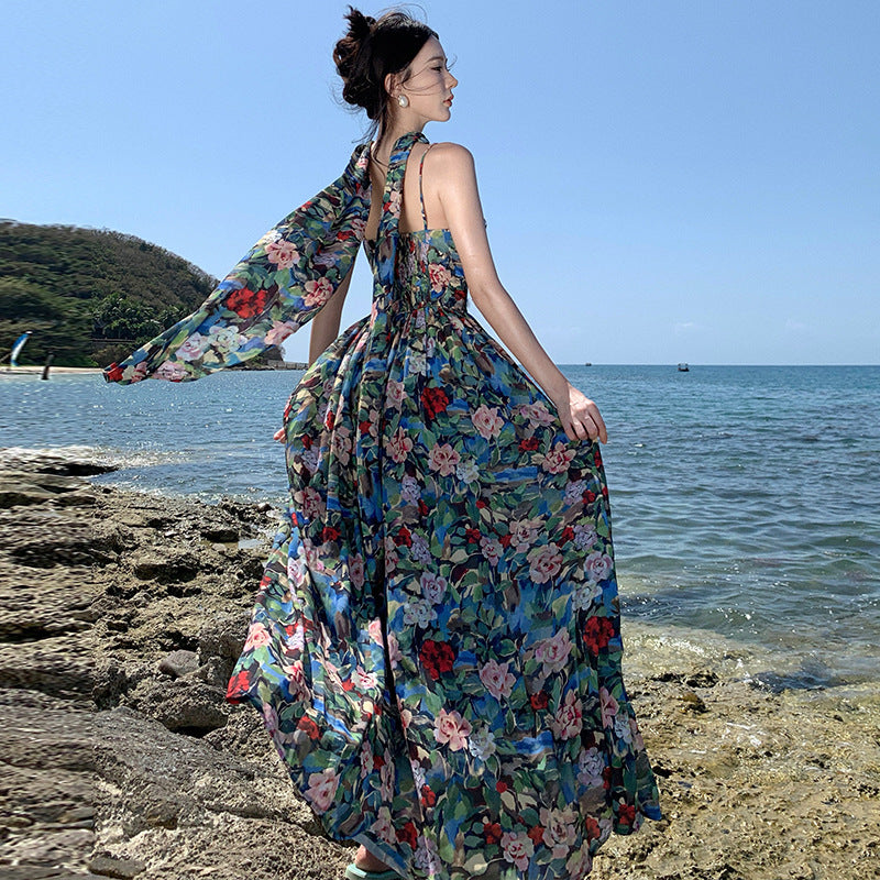 2025 Dopamine wears coffee break oil painting floral suspender dress women's summer waist seaside vacation long dress