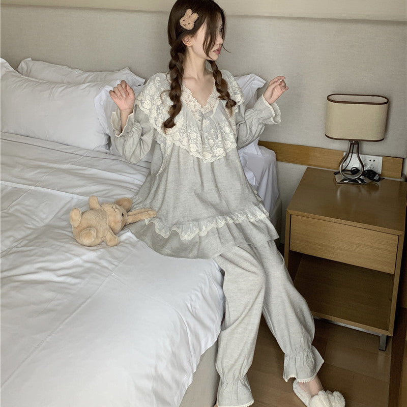 2025 Pajamas women's spring and autumn Korean version of long-sleeved solid color sweet and simple girl lace lace can be worn outside loungewear suit