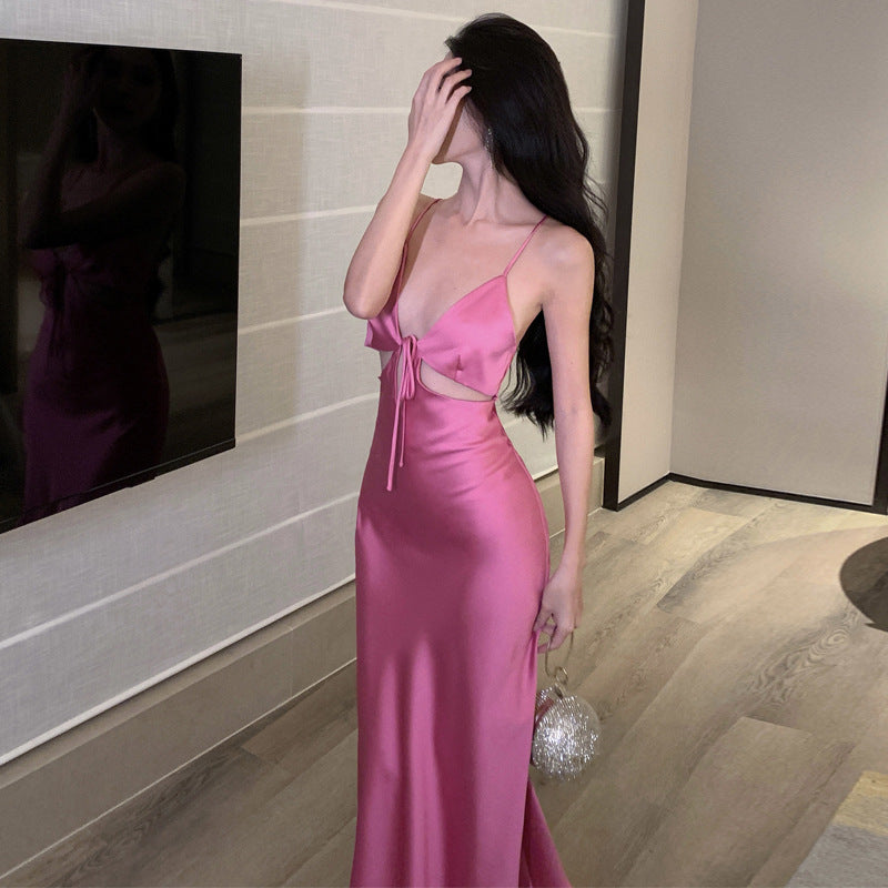 2025 Romantic Pink Hollow Acetate Satin Suspender Dress Women's Summer Vacation Wind Fishtail Dress Light Dress