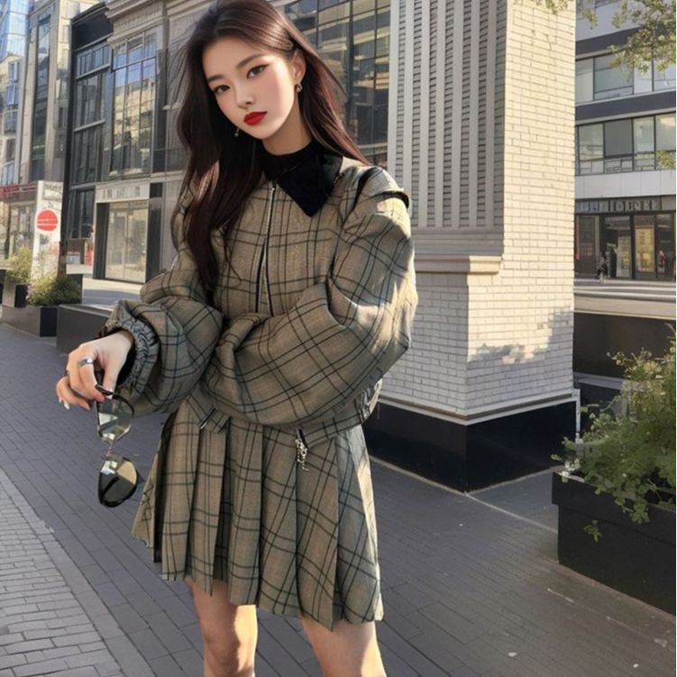 Autumn and winter women's clothing fashion plaid suit skirt loose and thin short coat women's pleated skirt two-piece set K9056