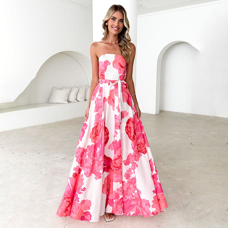2025 D24DS688 Cross-border 2025 2025 spring and summer women's clothing new oblique beach color printed tube top strap dress