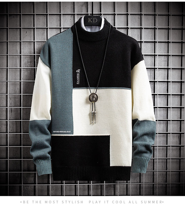 Bonsir autumn and winter new sweater warm fashion stitching color matching pullover round neck sweater thickened knitted sweater