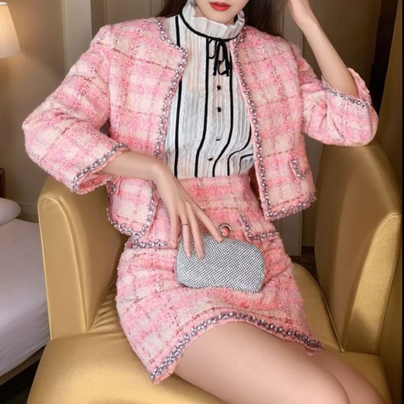 Temperament Celebrity Style Heavy Industry Plaid Handmade Diamond Tweed Jacket Fashion Suit Skirt Two-piece Set Female J8089