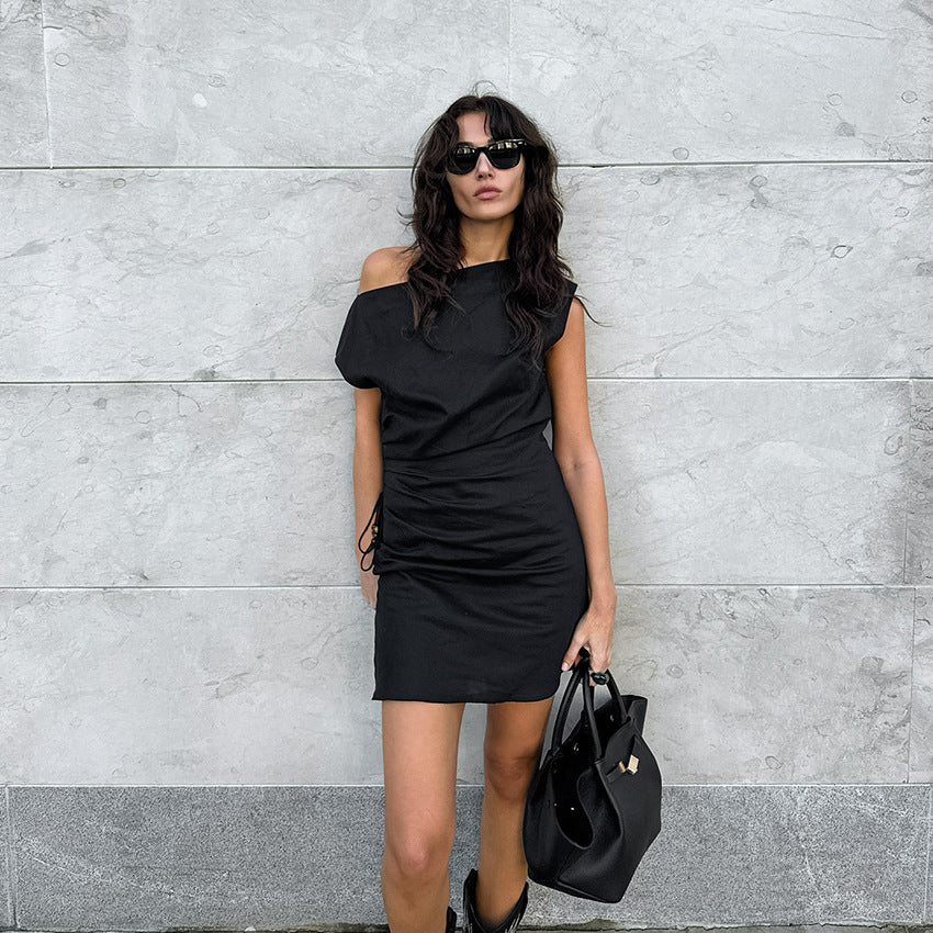 2025 Black cotton irregular collar off-the-shoulder slim-fit hip-wrapped dress spring and summer fashion new short skirt