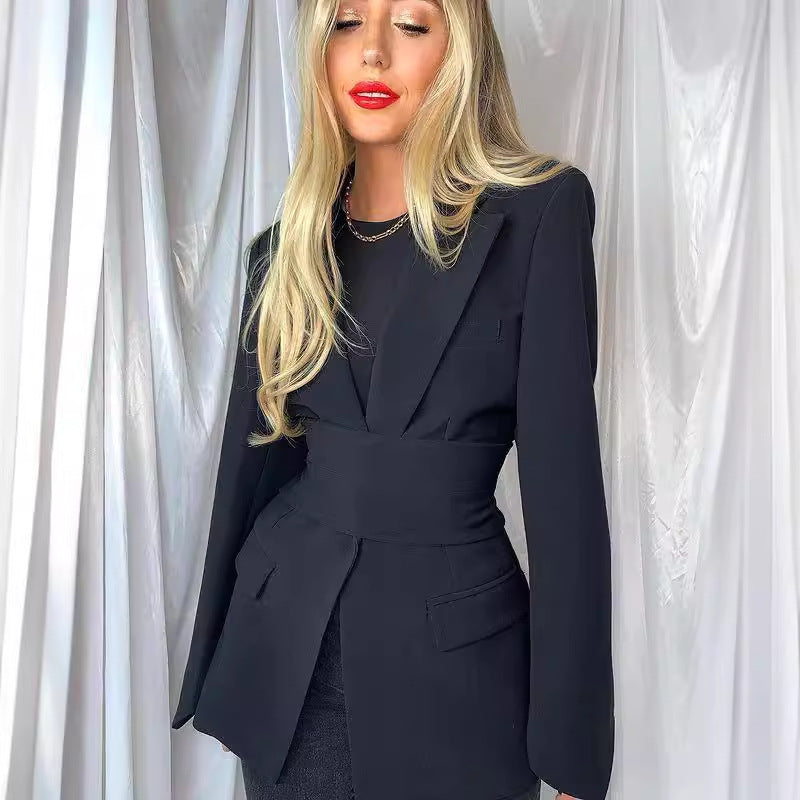 2025 hot-selling fashion casual suit women's summer new solid color long-sleeved cardigan strap waist jacket