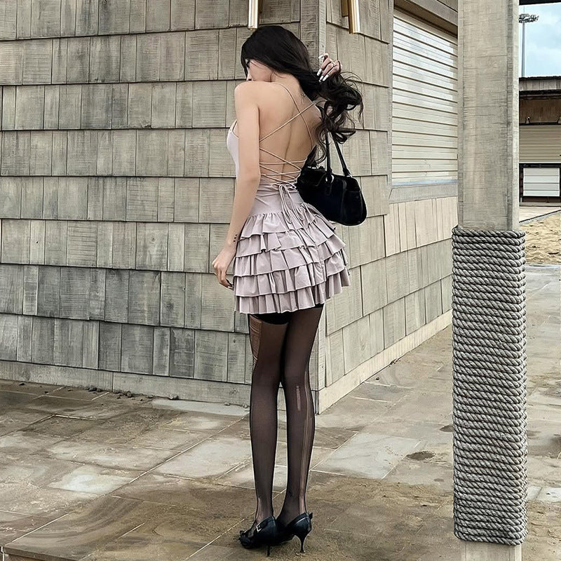 2025 style spring new women's clothing tight upper body fluffy skirt design off-the-shoulder dress