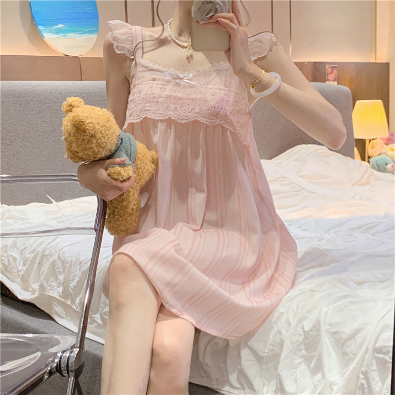 2025 Lace lace pajamas solid color bows summer thin stripes cute sweet pure style women's pajamas homewear