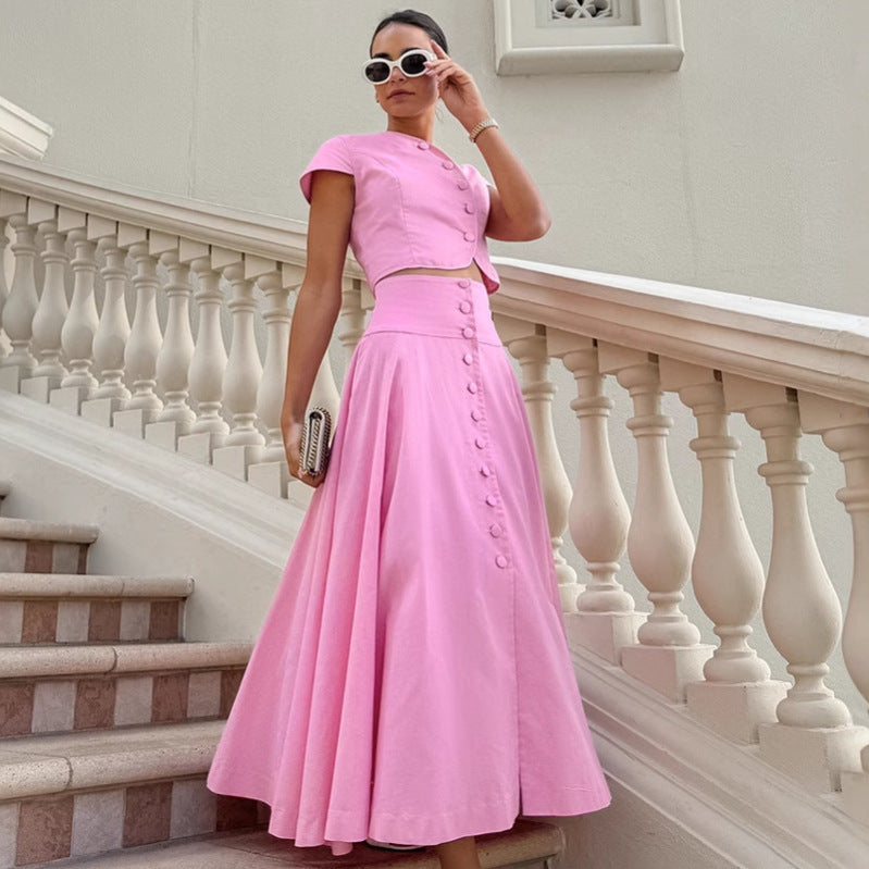 2025 spring and summer new pink pure cotton high-waisted V-neck skirt set fashionable New wholesale women's clothing two-piece set