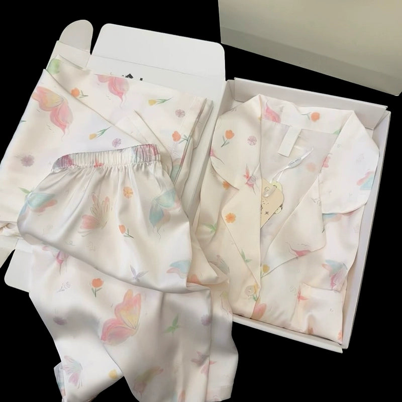 summer ice silk pajamas women's short-sleeved three-piece set sweet butterfly summer light and cool loungewear