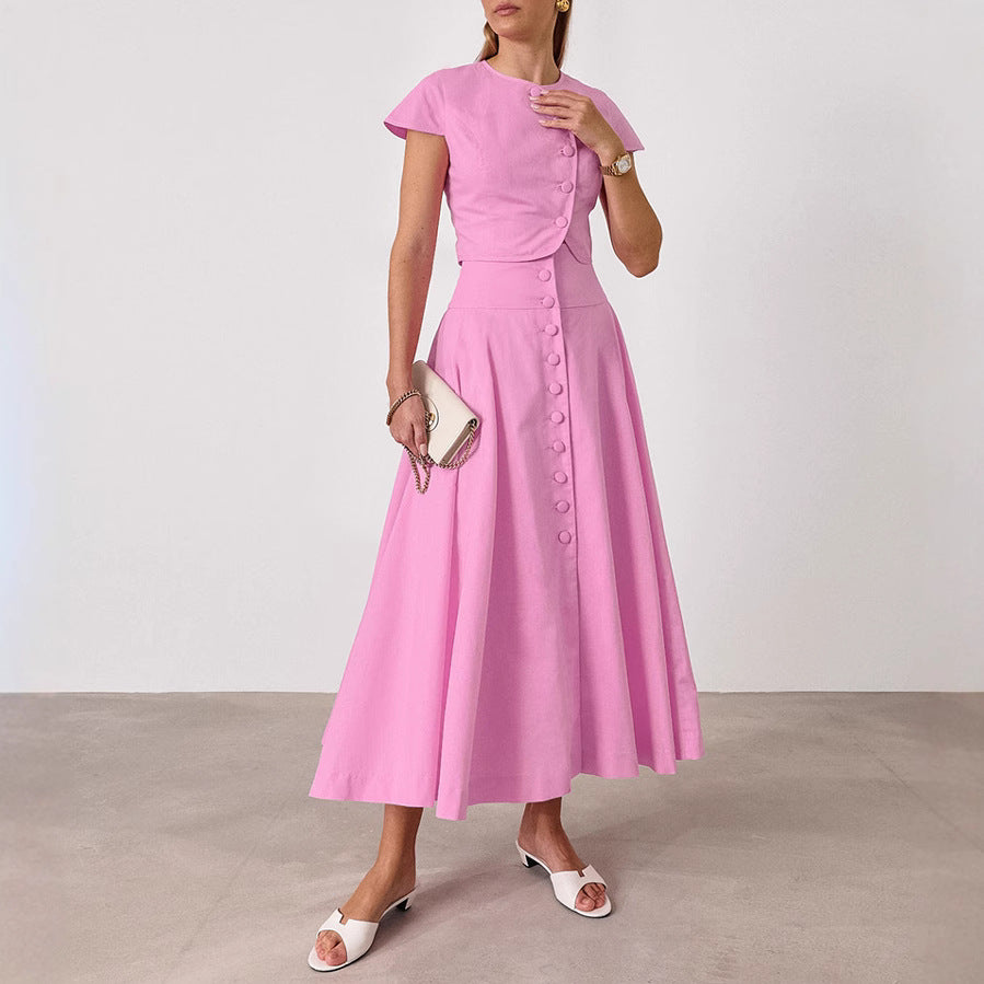 2025 spring and summer new pink pure cotton high-waisted V-neck skirt set fashionable New wholesale women's clothing two-piece set