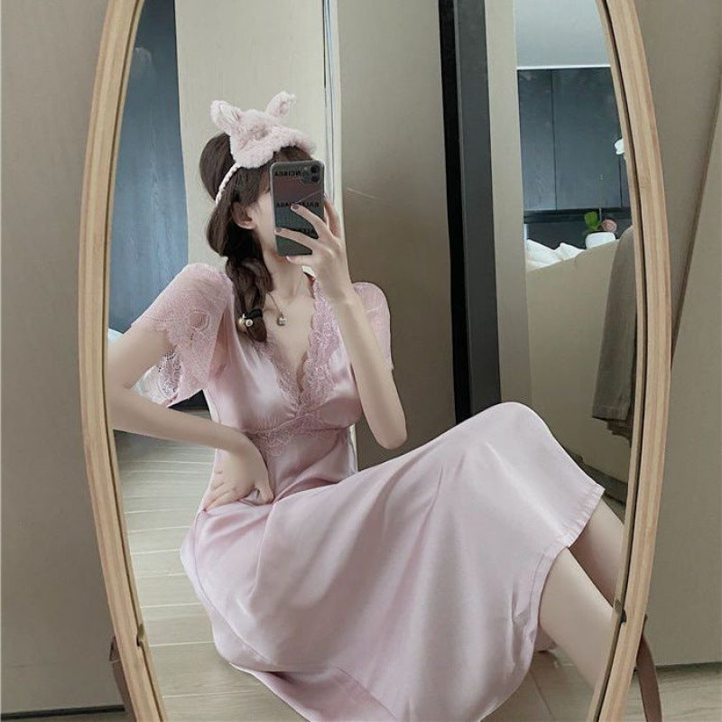2025 Sexy short-sleeved long nightgown women's summer thin thin lace pajamas thin retro dress women's trend