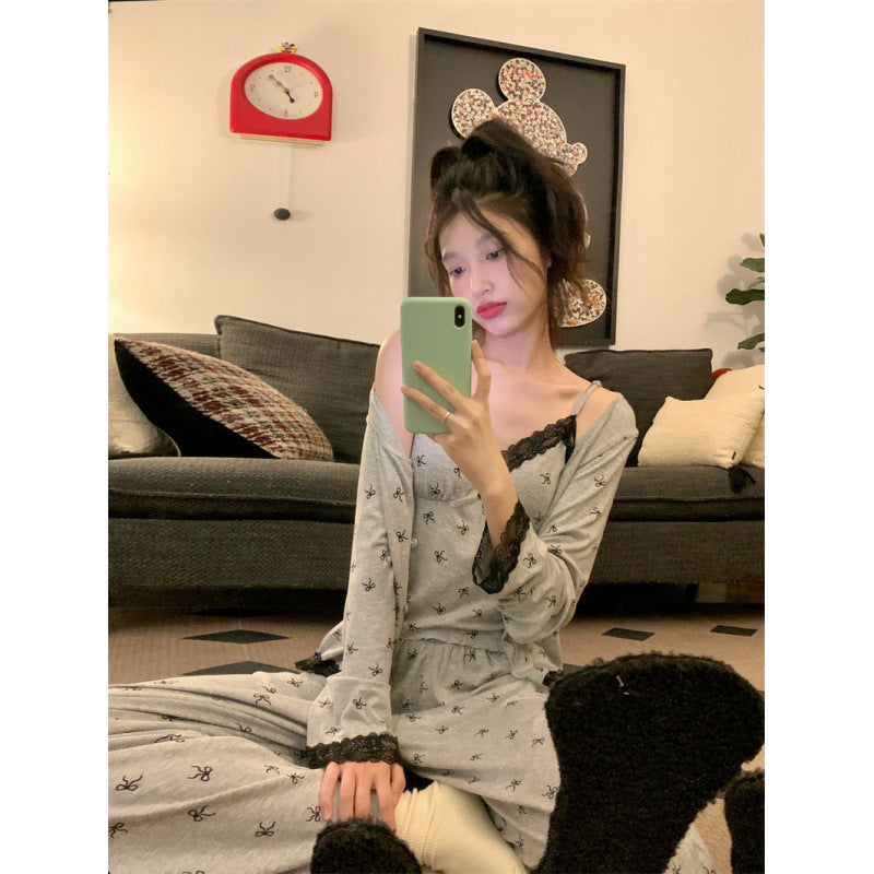2025 Pajamas women's spring and autumn thin long-sleeved sexy suspenders gray bow floral sweet girl loungewear set