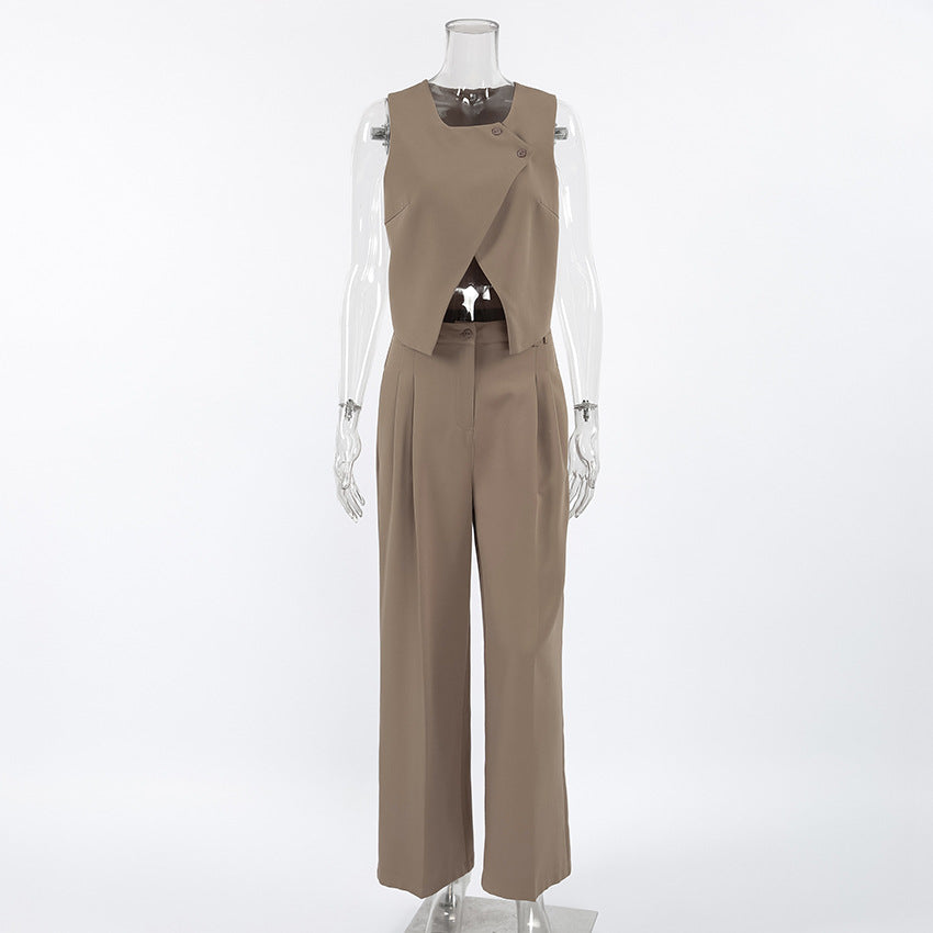 2025 casual khaki fashion temperament sleeveless vest trousers set spring and summer versatile high waist two-piece set women