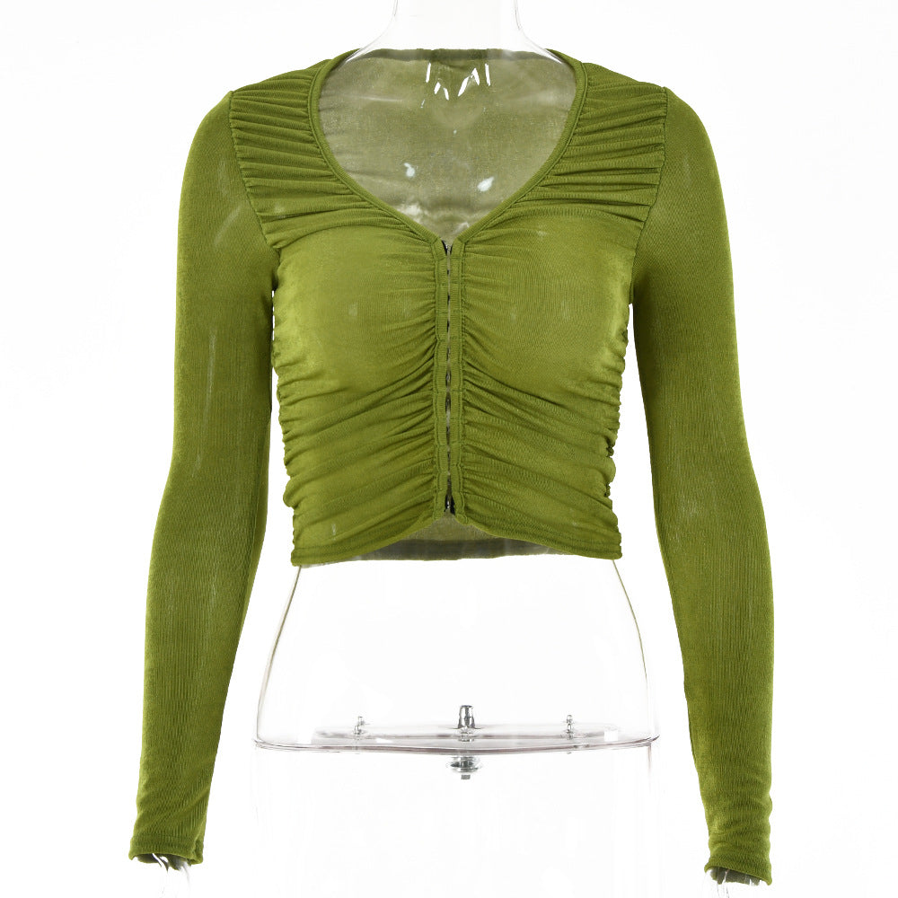 2025 New hot-selling summer new tops women's fashion sexy Spice Girls V-neck T-shirt long-sleeved single-row hidden button small top