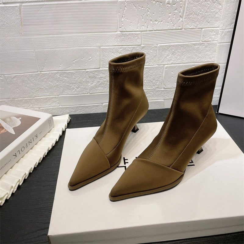 2025 Trendy brand 2025 style satin sleeve pointed short boots women's popular autumn and winter new thin heel elastic boots short thin boots