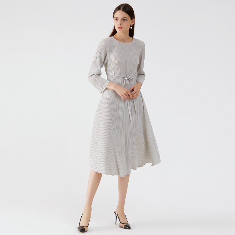 2025 spring new women's Korean version women's clothing solid color round neck dress fashion temperament slim pleated medium and long dress women