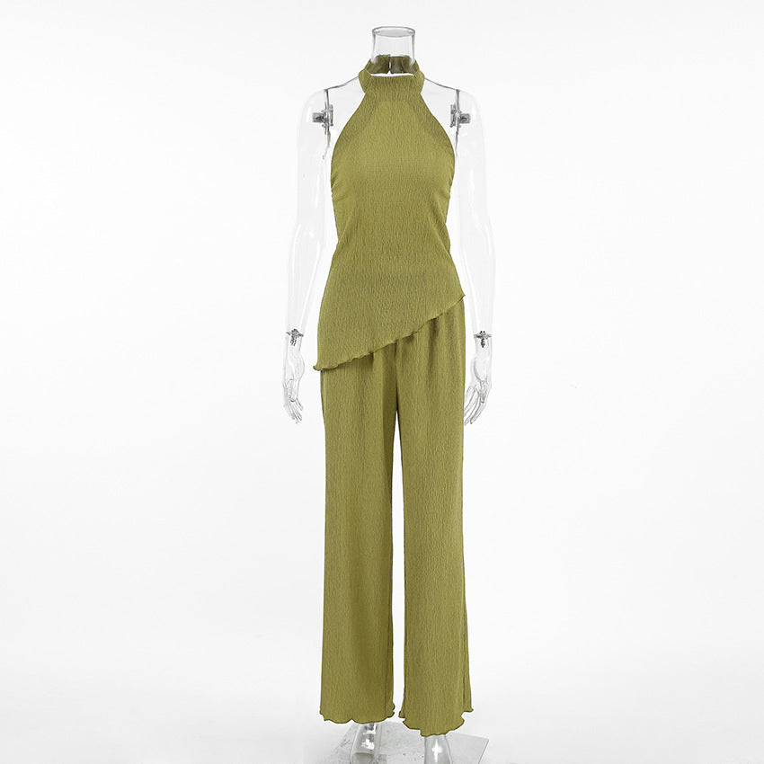 2025 spring and summer design sense green sleeveless neck vest wide pants two-piece fashion suit commuter women