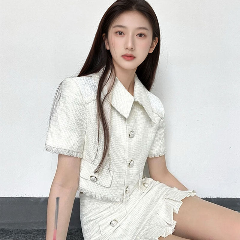 Summer new Xiaoxiangfeng exquisite light luxury high-end rough edge short-sleeved top ruffle leaf edge skirt set L4125