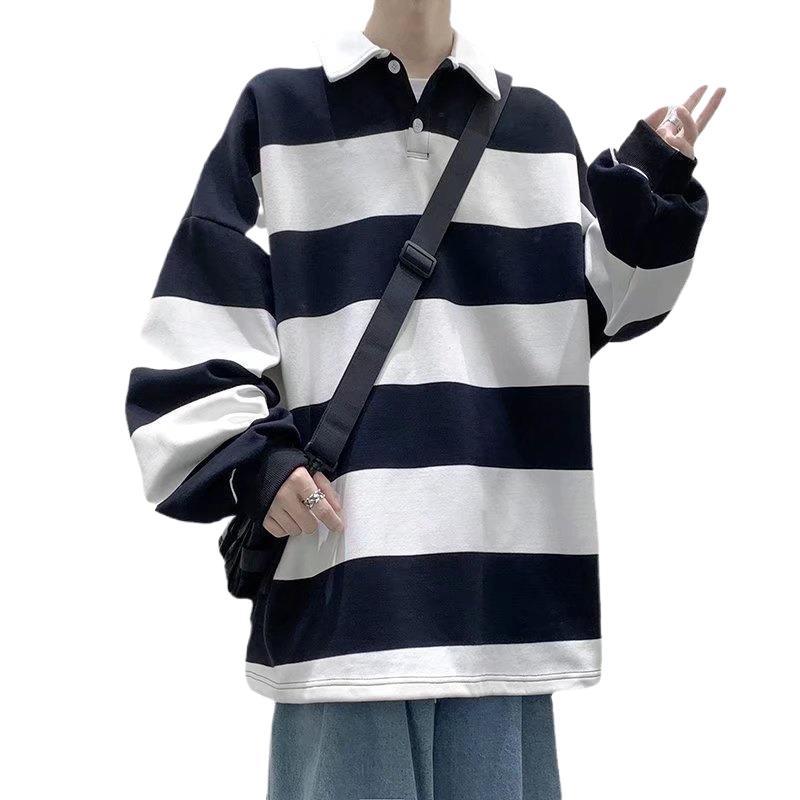 sanyamk rugby shirt outfit Spring and Autumn New Versatile Casual Hong Kong Style Striped Loose Sweater Korean Style Trendy Lapel Polo Shirt Bottoming Shirt