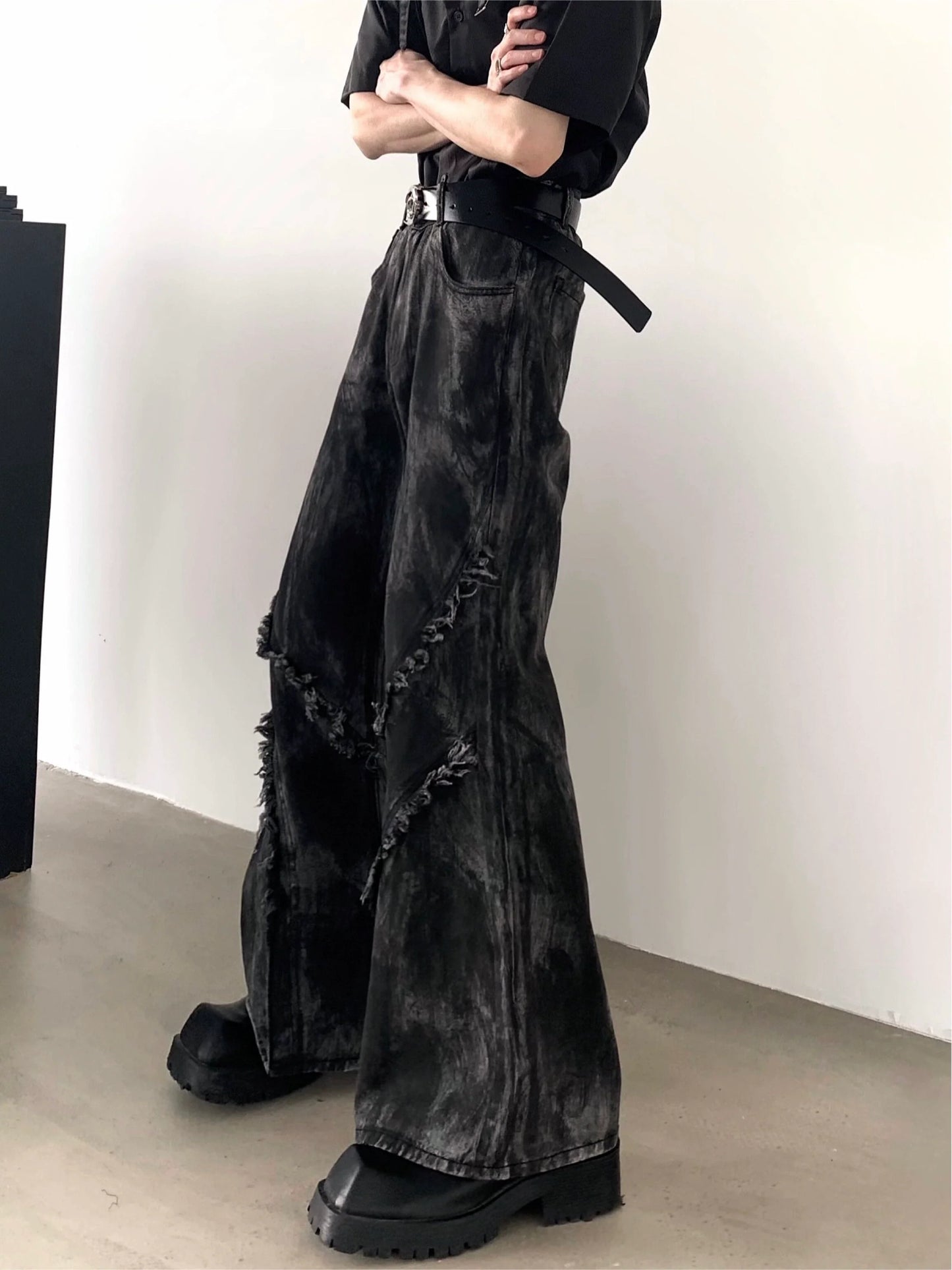 sanyamk Autumn Streetwear Dark High Waist Denim Slightly Flared Pants