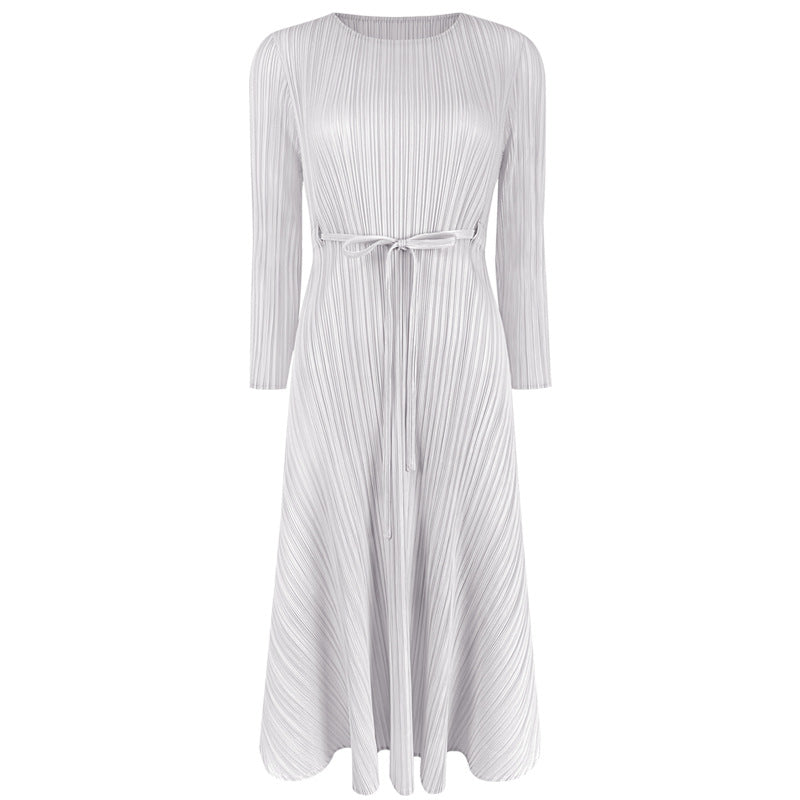 2025 spring new women's Korean version women's clothing solid color round neck dress fashion temperament slim pleated medium and long dress women