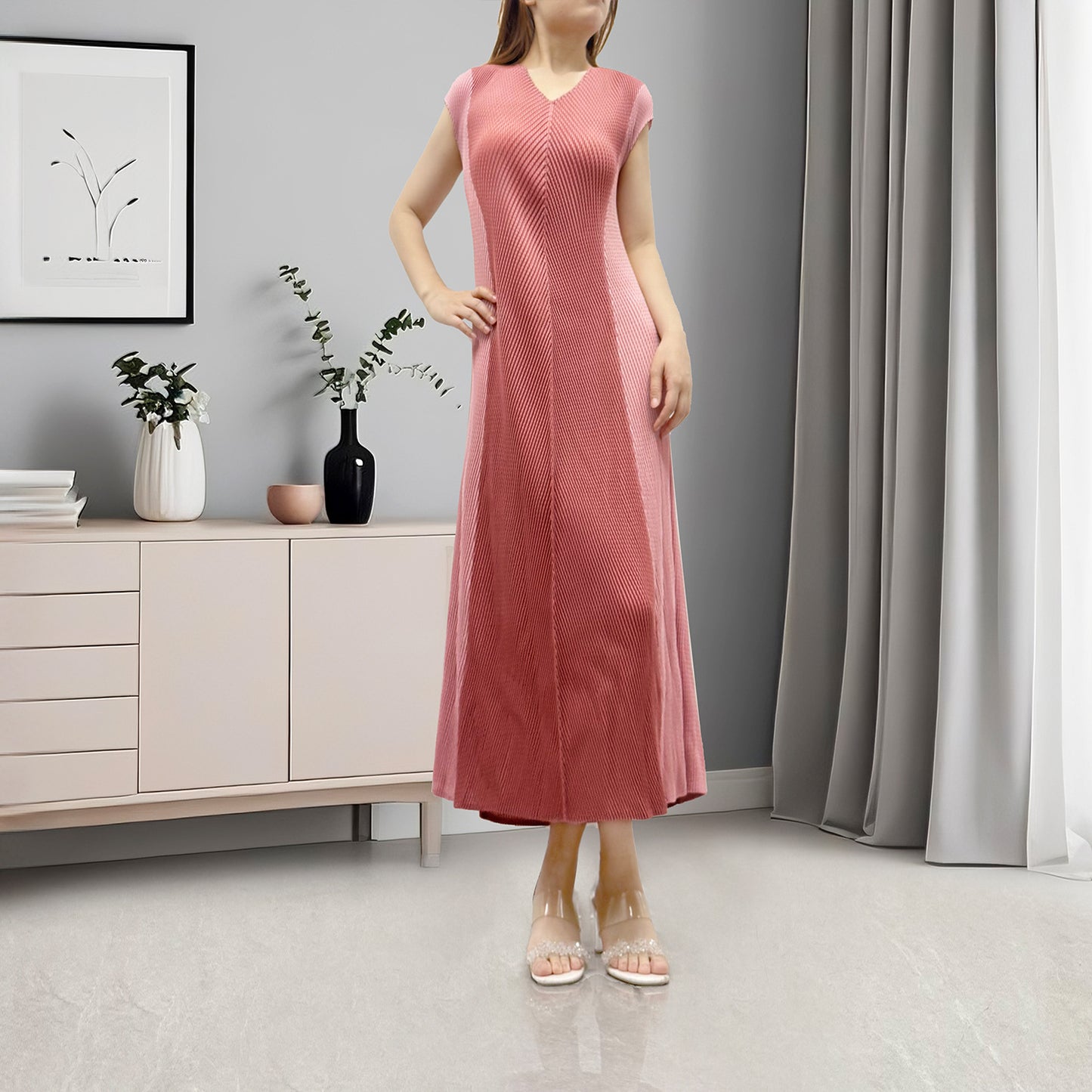 women's high-end dress fish scale pleated v-neck tie contrasting color fashionable temperament elegant medium and long skirt Popular style
