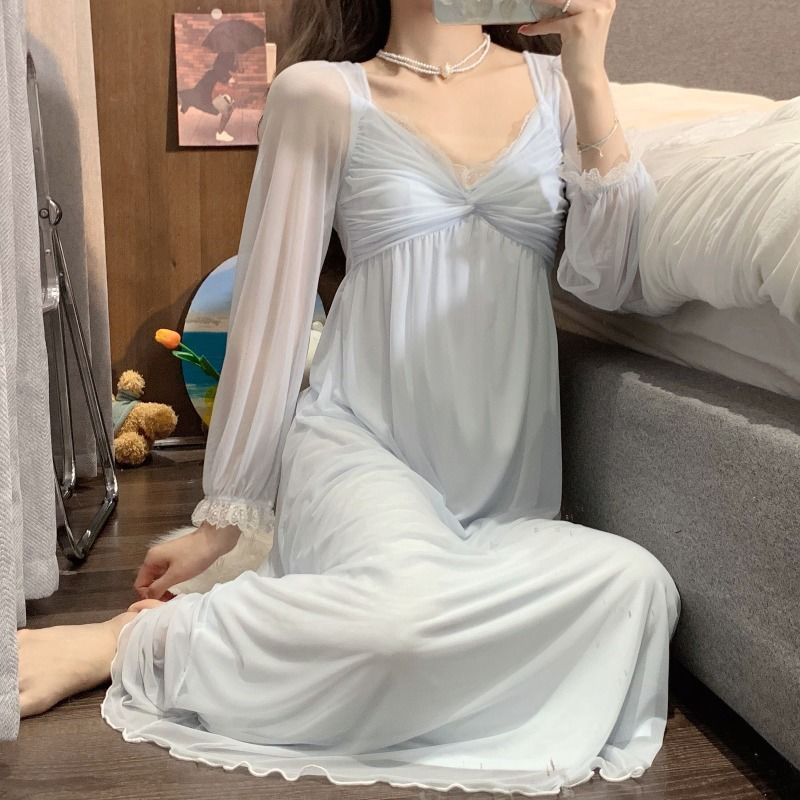 2025 Lace mesh princess style nightdress women's spring new sweet long loungewear pajama skirt with chest pad