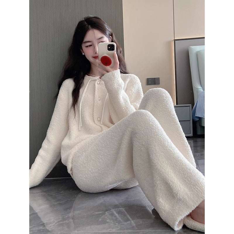 2025 Pajamas women's autumn and winter half-edge velvet new models can be worn outside, loungewear sets are soft and advanced, warm and thicker