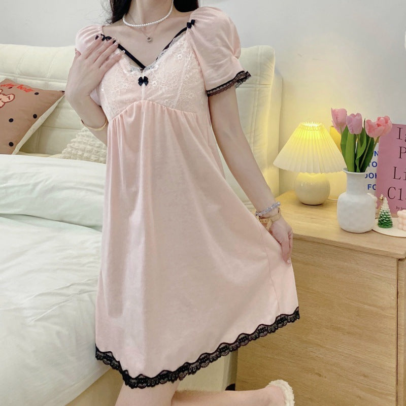 2025 Princess style sweet suspender lace nightdress women's summer thin style with chest pad V-neck girls short-sleeved loungewear