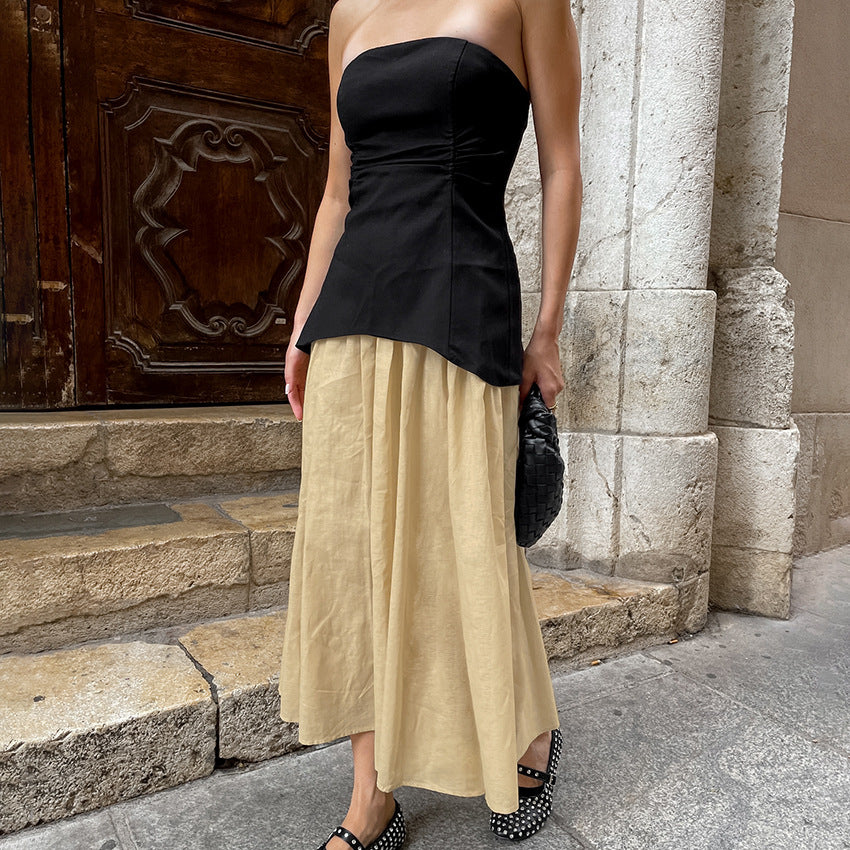 2025 spring and summer new products contrasting colors popular sleeveless cotton and linen sexy tube top slim and thin mid-waist pleated two-piece set for women
