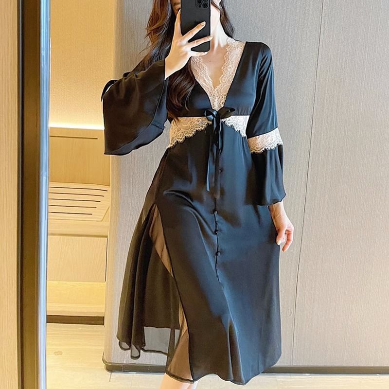 2025 New gentle wind nightdress women's spring and summer with chest pad ice silk lace bow loungewear women