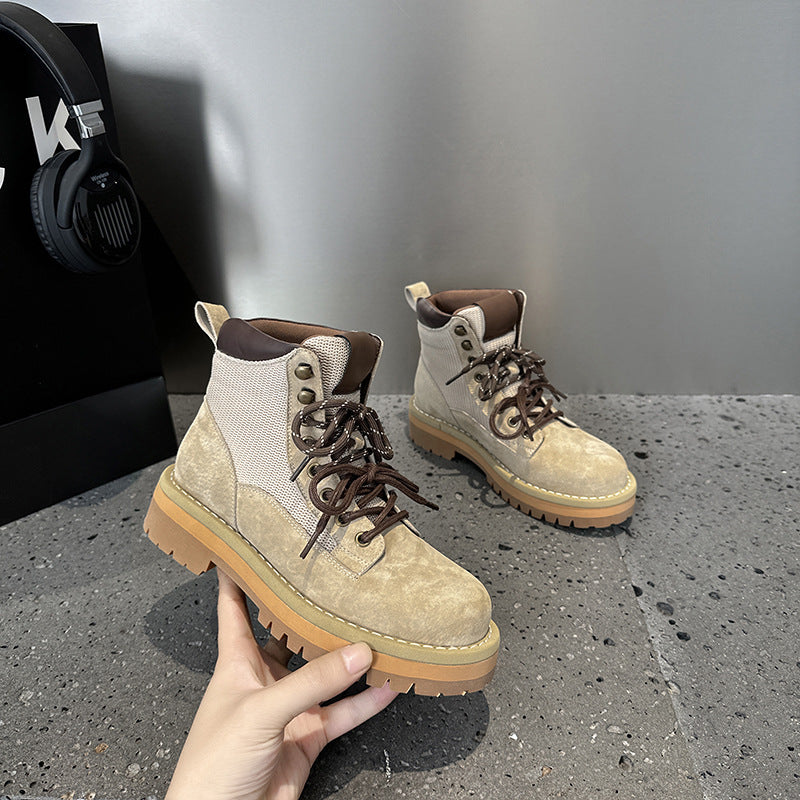 2025 popular autumn and winter new thick-soled Martin boots versatile round-headed British short boots leather splicing cloth thick-soled women