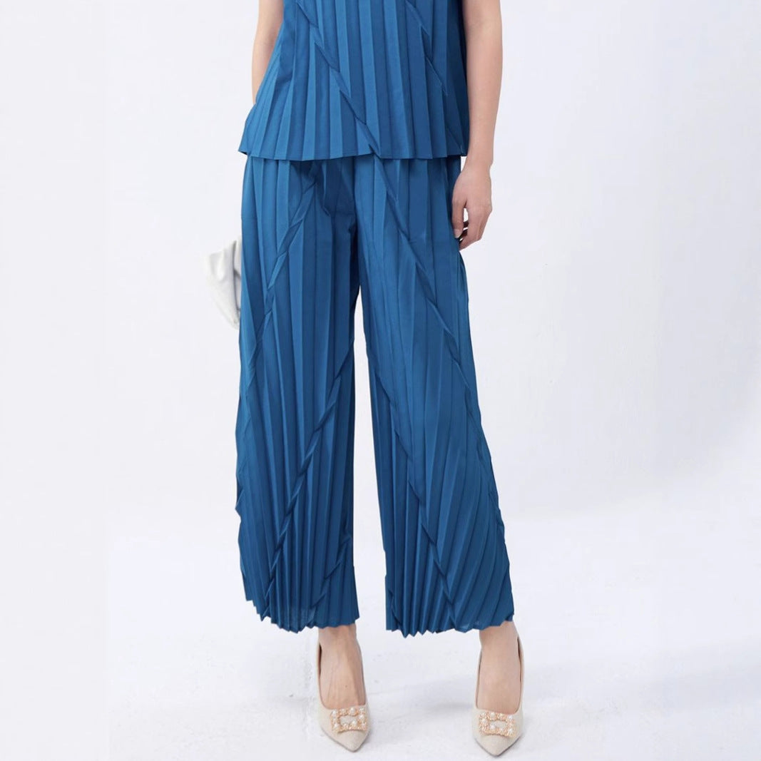 straight-leg pants women's summer elastic waist high-end sense hand-pleated loose fashion commuting versatile casual pants tide