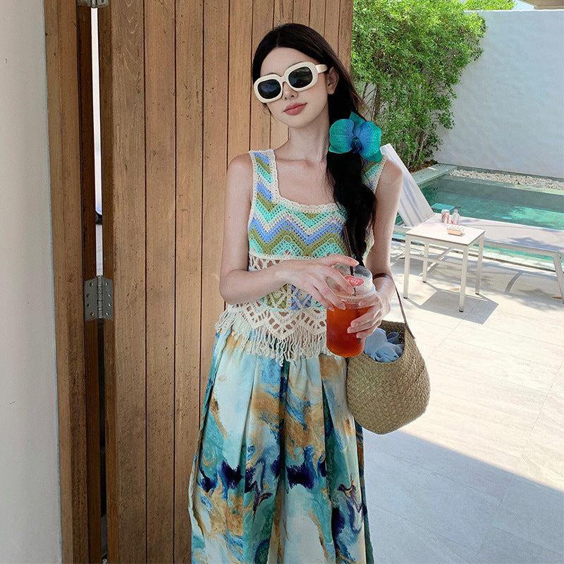 2025 Bohemian wide-leg pants women's summer blue-green smudged split-ended high-waisted trousers seaside vacation wear beach pants culottes