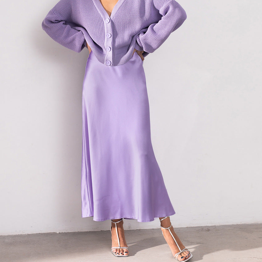 2025 autumn new high-waisted skirt silky drape medium and long skirt summer fishtail skirt ice silk purple