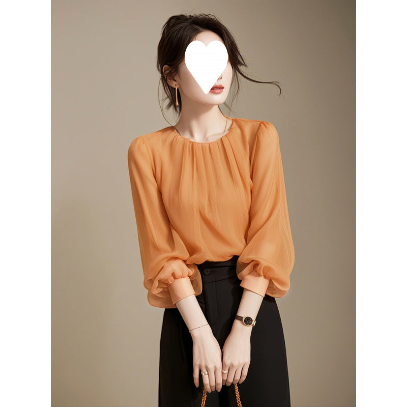 2025 spring clothes new this year popular chiffon beautiful seven-quarter sleeve orange small top women's summer temperament shirt