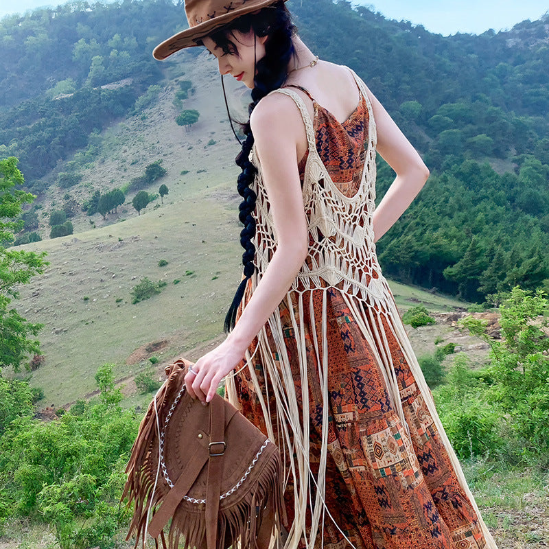 2025 Sanya seaside travel photo retro printing wear suspender dress beach strap waist dress women's summer