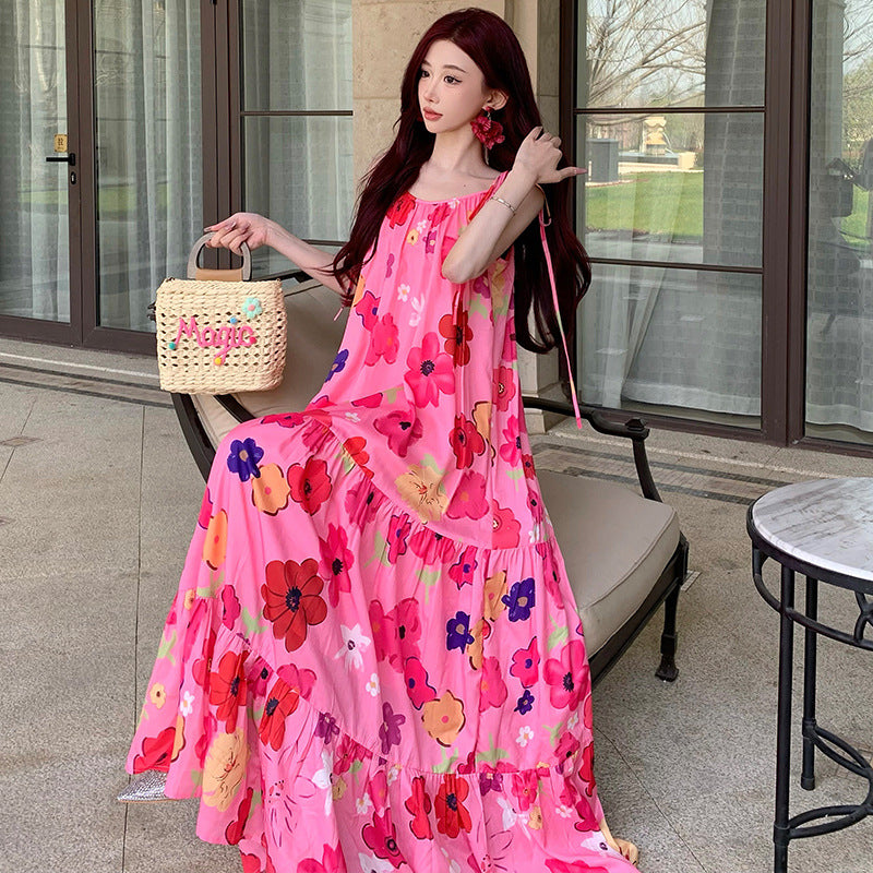 2025 Seaside vacation wind romantic pink suspender dress women's summer new printed beach loose dopamine long skirt
