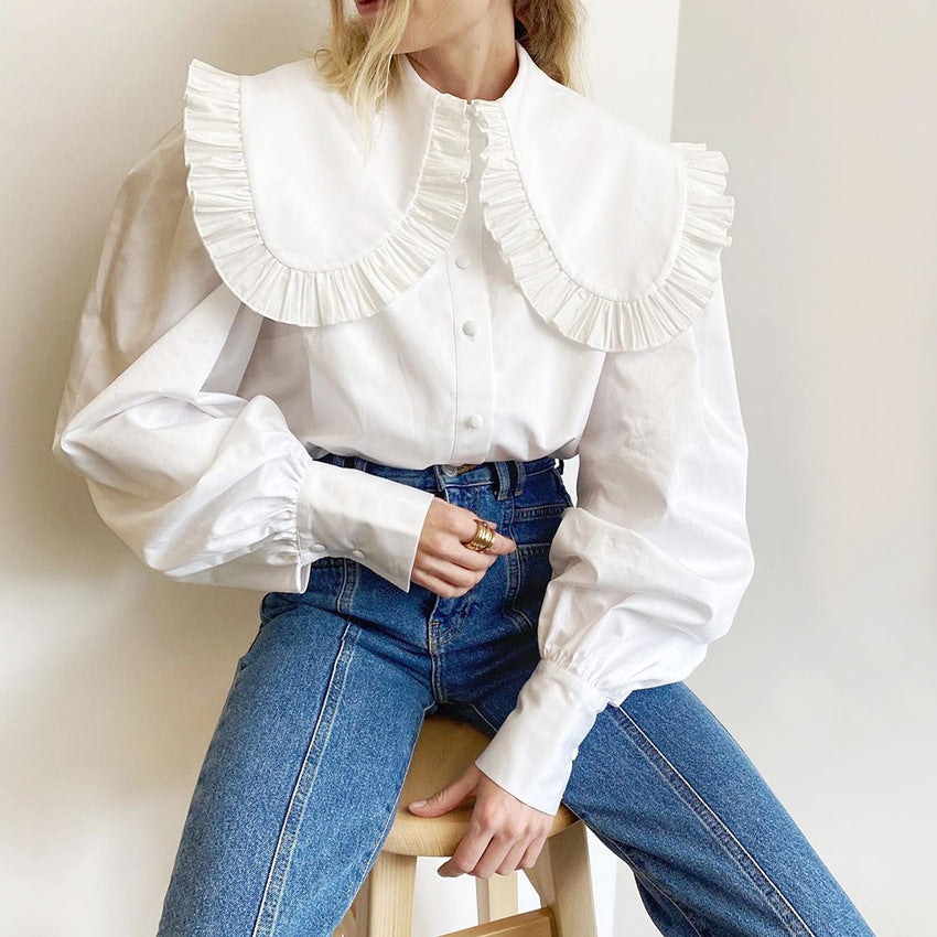 2025 popular temperament court style doll collar white cotton shirt women's autumn and winter fungus edge long-sleeved shirt