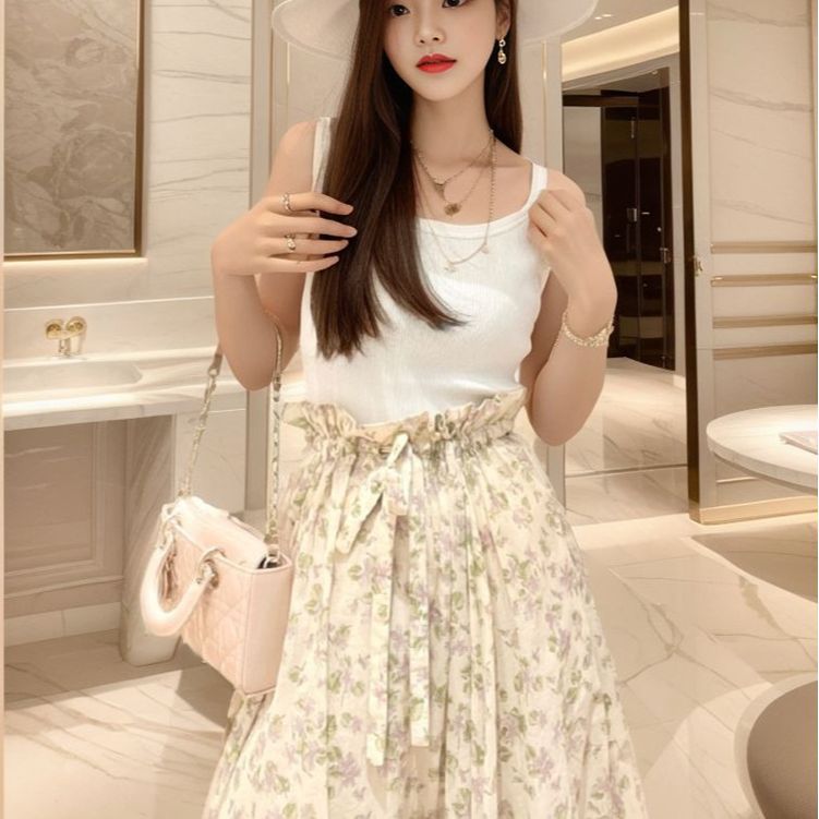 spring and summer new design floral skirt women's gentle wind temperament pleated a word medium and long skirt L1076