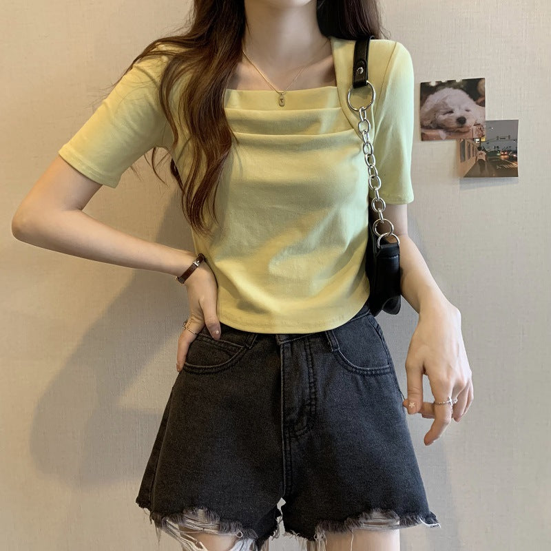 Spring women's 2025 new pink unique chic square neck short-sleeved shirt irregular pleated short top tide
