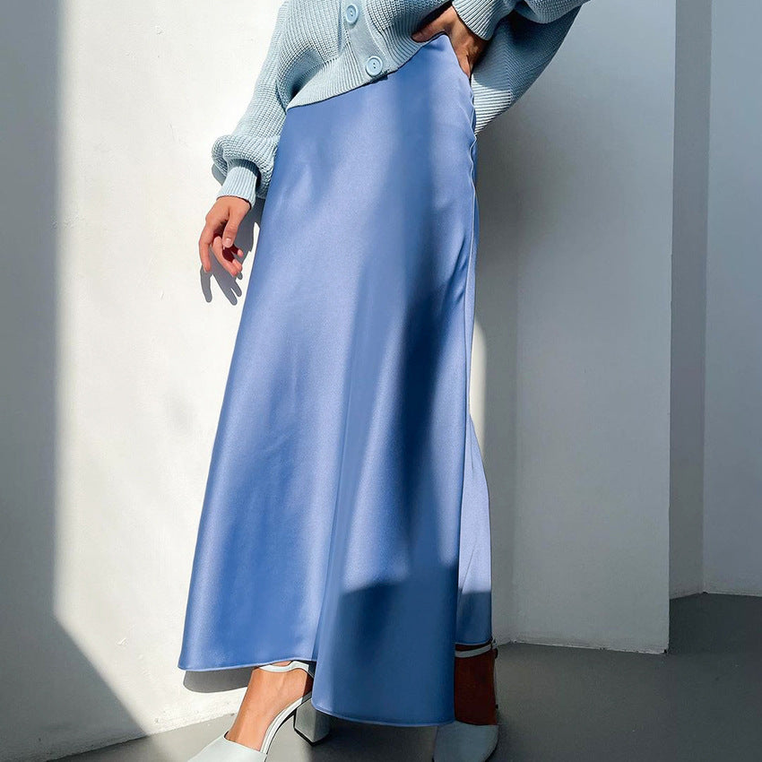 2025 autumn new high-waisted skirt silky drape medium and long skirt summer fishtail skirt ice silk purple