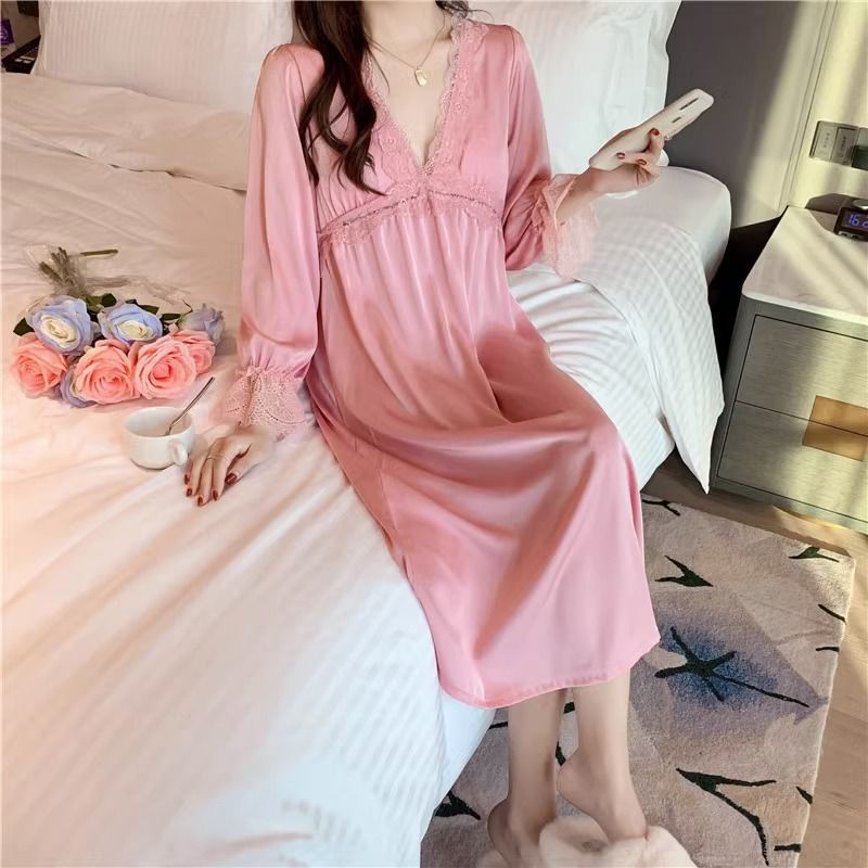 2025 Sexy nightgown women's spring, summer and autumn ice silk long-sleeved pajamas with chest pads, lace lace hollow long dress, thin loungewear