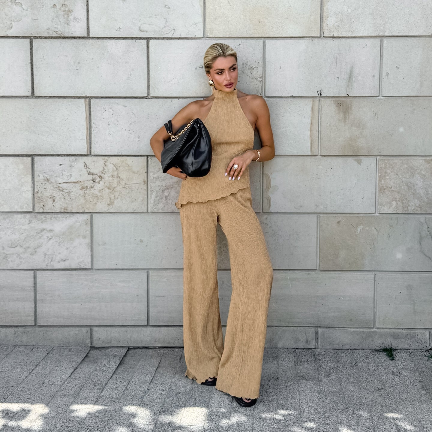 2025 spring and summer design sense green sleeveless neck vest wide pants two-piece fashion suit commuter women