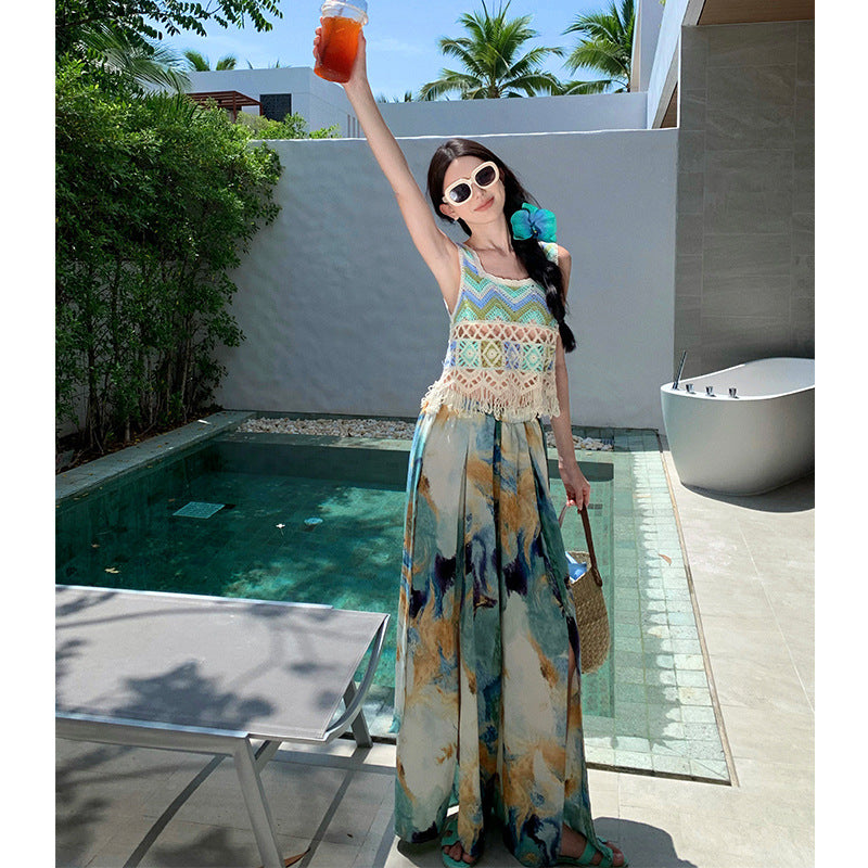 2025 Bohemian wide-leg pants women's summer blue-green smudged split-ended high-waisted trousers seaside vacation wear beach pants culottes