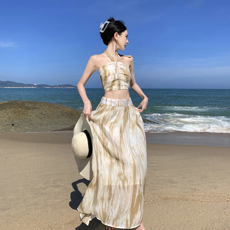 2025 Premium coffee break seaside vacation half-length dress women's summer ink tube top suspender fashionable two-piece suit