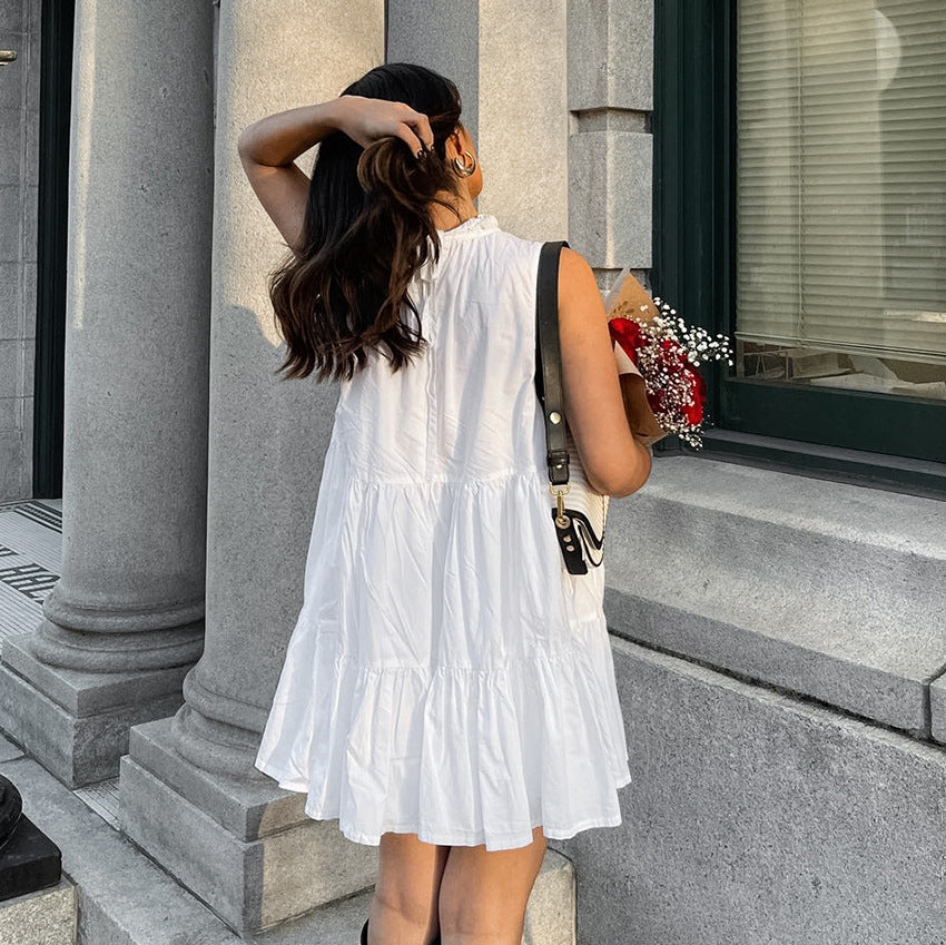 2025 Spring and summer versatile white temperament dress round neck sexy bow lace elegant loose short skirt women's clothing