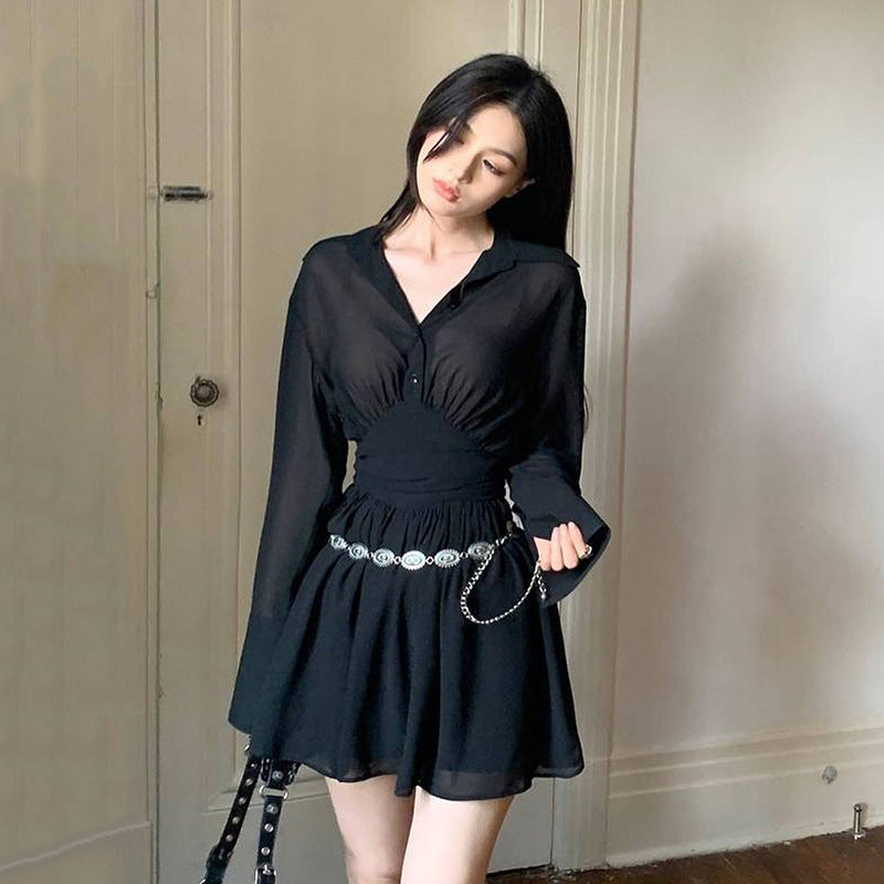 2025 New summer new single-breasted lapel dress fashionable and sexy temperament Spice girl lotus leaf skirt